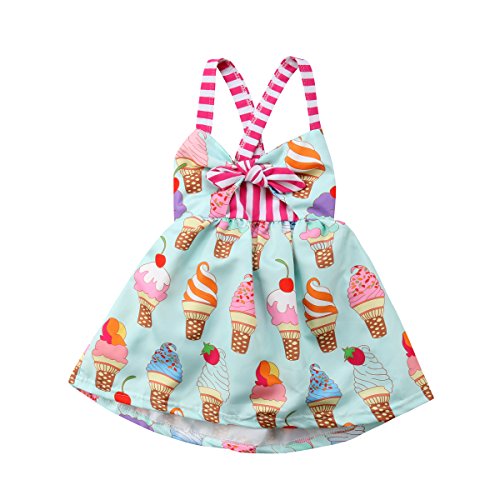 Product Cover Cute Toddler Girls Icecream Print Dress Halter Backless Tutu Sundress for Summer Casual (Ice Cream, 1-2 Years)