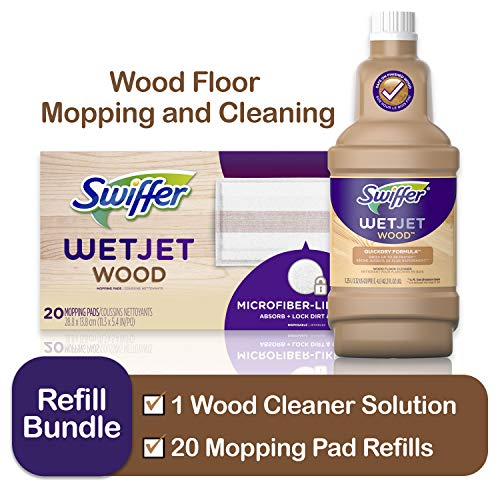 Product Cover Swiffer WetJet Wood Floor Mopping and Cleaning Refill Bundle, All Purpose Floor Cleaning Products, Includes: 20 Pads, 1 Cleaning Solution