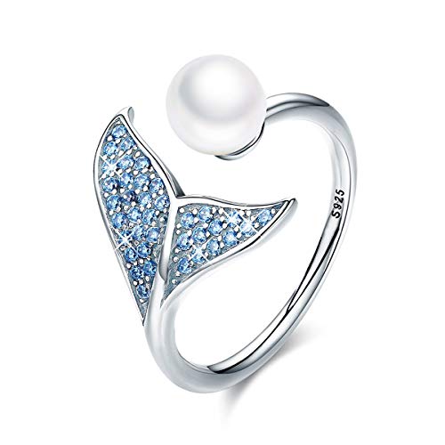 Product Cover FOREVER QUEEN Mermaid Tail Ring, S925 Sterling Silver Dolphin Tail Adjustable Finger Ring for Women Girls Open Ring with Blue Cubic Zirconia& Shell Pearl BJ09067