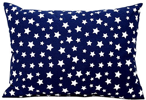 Product Cover Kids Toddler Pillowcase 13x18 by Comfy Turtles, 100 Natural Cotton, Soft Pillow Cover for Wonderful Sleep and Dreams, Design for Boys and Girls (Navy Blue Stars)