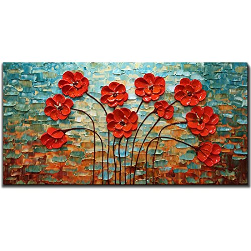 Product Cover Metuu Modern Canvas Paintings, Texture Palette Knife Red Flowers Paintings Modern Home Decor Wall Art Painting Colorful 3D Flowers Wood Inside Framed Ready to Hang 24x48inch