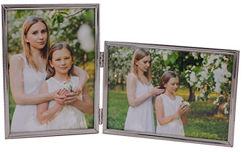 Product Cover LEADEX Vertical Horizontal Combo- Double 5 by 7 Inch Metal Folding Picture Frames-(1 Landscape and 1 Portrait Style) (Silver)