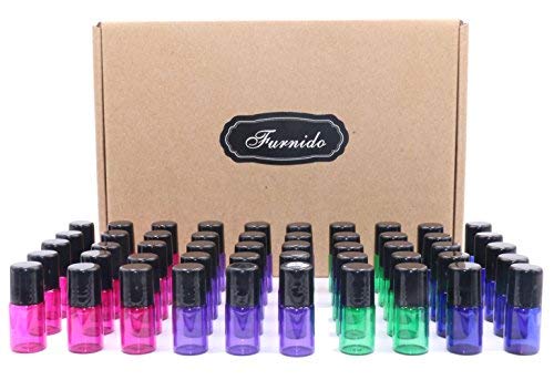 Product Cover Pack of 50,2ml (5/8 Dram) Glass Roll on Bottle Mixed Color Sample Test Roller Essential Oil Vials Stainless Steel Roller Balls With Black Cap For Aromatherapy,Perfume Oils-Pipette included