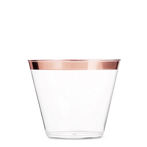 Product Cover 100 Rose Gold Plastic Cups 9 Oz Clear Plastic Cups Old Fashioned Tumblers Rose Gold Rimmed Cups Fancy Disposable Wedding Cups Elegant Party Cups with Rose Gold Rim