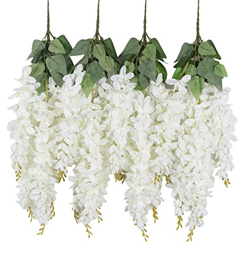 Product Cover Duovlo Silk Wisteria Flower Artificial 2.13 Feet Hanging Wisteria Vine Fake Flower Bush String Home Party Wedding Decoration,Pack of 4（White）