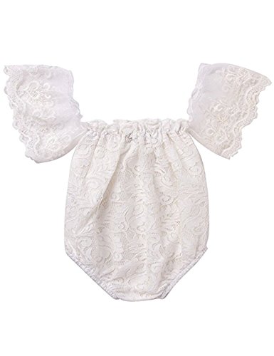 Product Cover Newborn Baby Girl Off Shoulder Clothes Flower Lace Romper White Ruffles Sleeve Bodysuit Outfits 12-18 Months