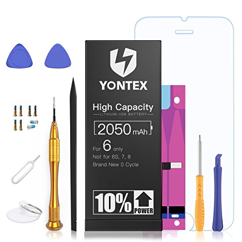 Product Cover 2050mAh Battery Compatible with iPhone 6, YONTEX High Capacity Lithium ion Replacement Battery with Repair Tool Kits and Screen Protector - 10% More Capacity