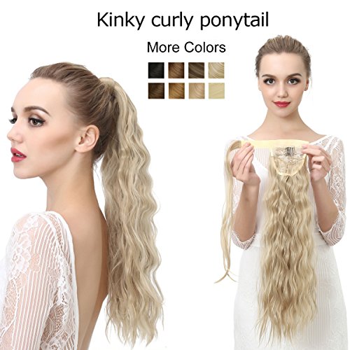 Product Cover Clip In Ponytail Hair Extension Dirty Blonde Wrap Around Fake Synthetic Pony Tail Kinky Curly Curl Yaki Hairpiece Hair Piece For Women Girl Lady SARLA 3.5oz 22