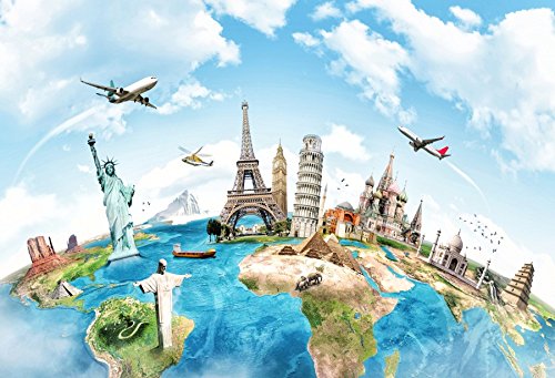 Product Cover Yeele 5x3ft Globe Travel Backdrop Earth Map Worldwide Continent Famous Landmark Scenery Home Photography Background Around The World Infant Baby Adult Portrait Photo Booth Studio Props Photocall