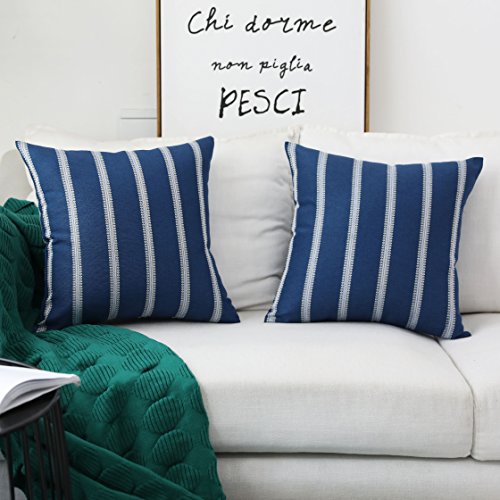 Product Cover Home Brilliant Spring Decoration Outdoor Stripes Large Accent Pillows Cushion Covers Rustic Euso Sham for Garden Sofa Bed Boy's Room, 2 Packs, 24 x 24 Inch (60x60cm), Navy Blue