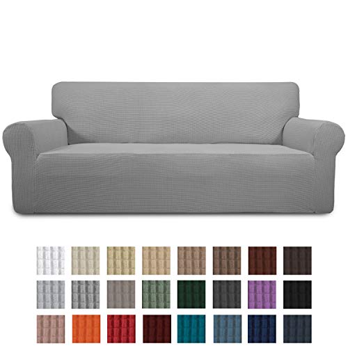 Product Cover Easy-Going Stretch Sofa Slipcover 1-Piece Couch Sofa Cover Furniture Protector Soft with Elastic Bottom for Kids, Spandex Jacquard Fabric Small Checks(Sofa,Light Gray)