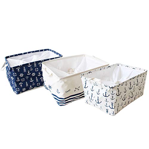 Product Cover Orino Waterproof Nursery Nautical Fabric Large Storage Baskets with Drawstring Beach Anchor Theme Collapsible Storage Bins Mediterranean Style for cloth, toys, books,sundries, Set of 3(17.5x12x9) inch