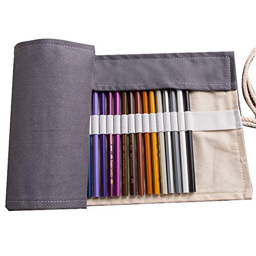 Product Cover Canvas Colored Pencil Roll Wrap 48|36|72 Holes (Pencils NOT Included)-Multiuse Canvas Pen Curtain Manual Canvas Pen Curtain National Style (Grey, 72 Holes)