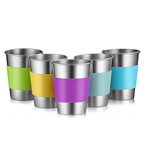 Product Cover Stainless Steel Cups, Premium Metal Pint Cup Tumblers,12 Oz Metal Drinking Glasses for Kids and Adults, Set of 5,Healthy Unbreakable and Stackable