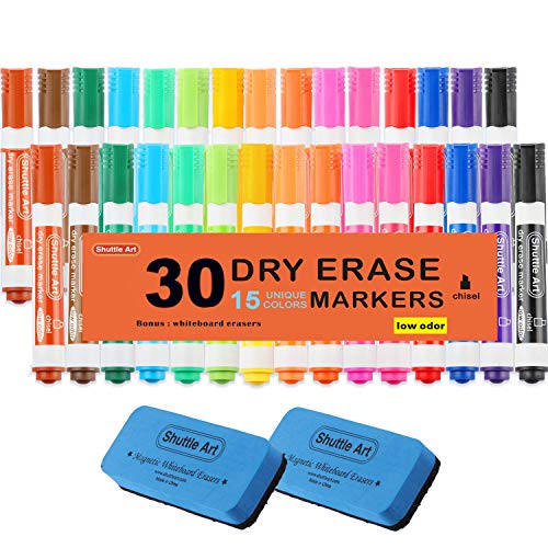 Product Cover Dry Erase Markers with Eraser, 30 Pack Shuttle Art 15 Colors White Board Markers and Eraser, Low-Odor, Chisel Tip Usable on Whiteboard Surface for School Office Home