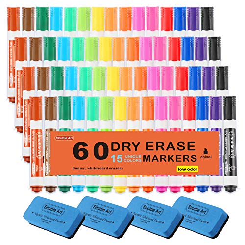 Product Cover Dry Erase Markers with Eraser, 60 Pack Shuttle Art 15 Colors White Board Markers and Eraser, Low-Odor, Chisel Tip Usable on Whiteboard Surface for School Office Home
