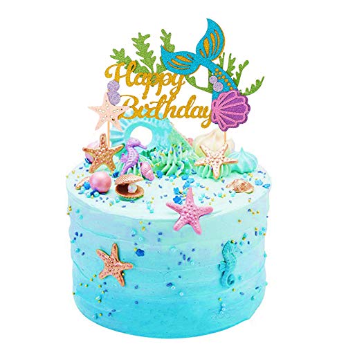 Product Cover SAKOLLA Glitter Mermaid Birthday Cake Topper - Happy Birthday Cake Decoration for Under The Sea Themed Baby Shower Birthday Party Supplies