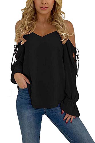 Product Cover YOINS Cold Shoulder Long Sleeves Tops for Women Sexy V Neck Lace-up Chiffon Casual Loose T Shirts