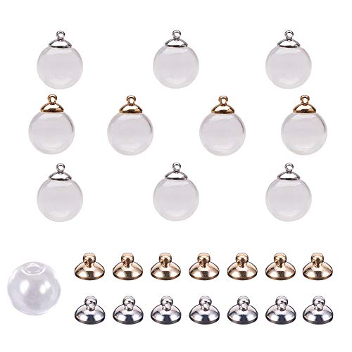 Product Cover PH PandaHall 30pcs 16mm Mini Clear Glass Globe Bottle Wish Glass Ball Bottles for DIY Pendant Charms Stud Earring Making,8mm Cap (Silver,Gold)