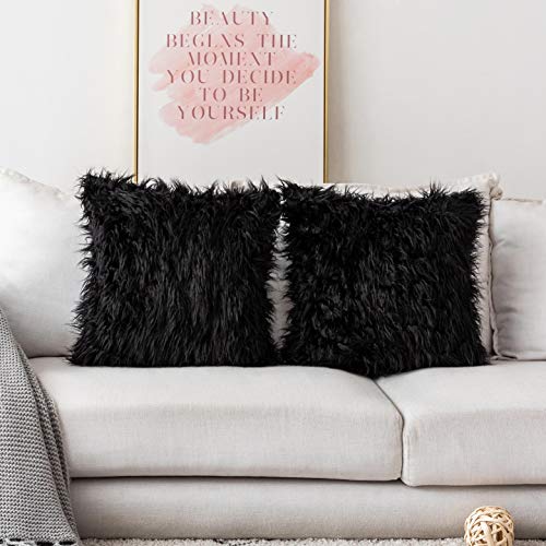 Product Cover Home Brilliant 2 Packs Decorative Pillow Covers Merino Faux Fur Fuzzy Euro Sham for Patio 24 x 24 Inches 60cm x 60cm, Black