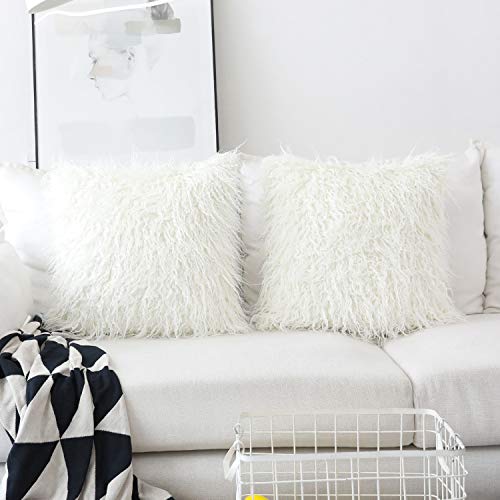 Product Cover Home Brilliant Set of 2 Decorative Faux Fur Euro Sham Large Fuzzy Throw Pillow Cover for Bed 24x24 Inches, 60x60cm, Off White