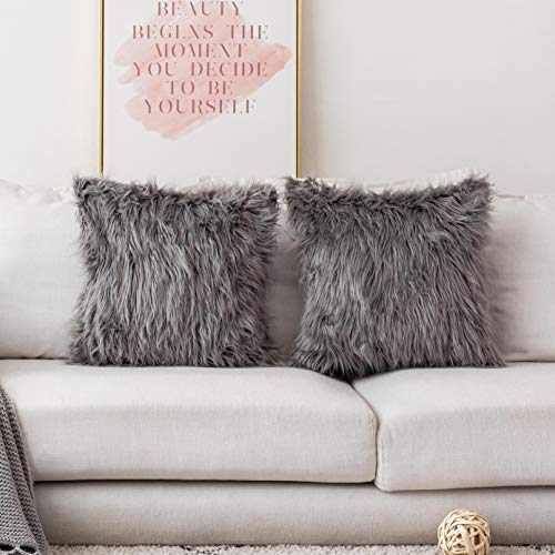 Product Cover Home Brilliant Merino Style Mongolian Decorative Faux Fur Throw Pillow Covers Accent Cushion Pillow Cases for Couch, 18x18inches, 45cm, Set of 2, Dark Grey
