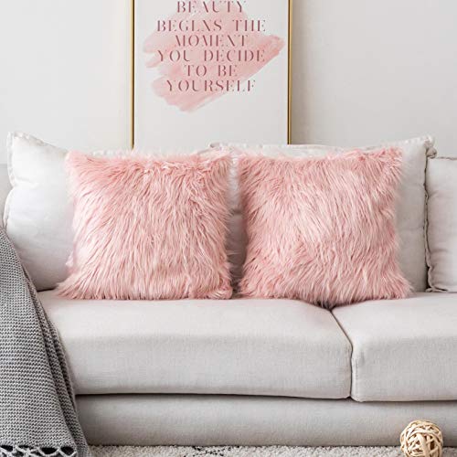 Product Cover Deluxe Home Decorative Super Soft Plush Mongolian Faux Fur Accent Throw Pillow Cover Cushion Case for Bed, Set of 2 (18 x 18 Inch, Pink)