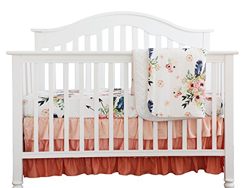 Product Cover Boho Coral Feather Floral Ruffle Baby Minky Blanket Peach Floral Nursery Crib Skirt Set Baby Girl Crib Bedding Feather Blanket (Feather Floral 3pc Set)