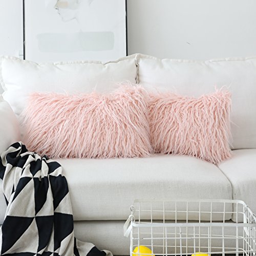 Product Cover Home Brilliant 2 Packs Decorative Luxury Series Oblong Pillow Cover Merino Faux Fur Fuzzy Accent Pillows Case for Bed, 12x20 Inch(30cmx50cm), Pink