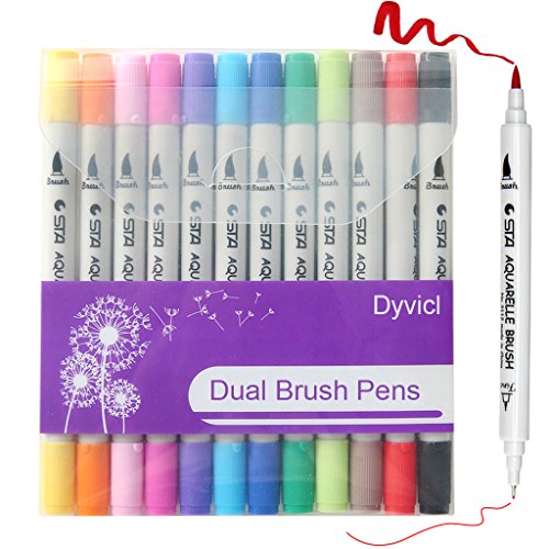 Product Cover Dyvicl Watercolor Dual Brush Pens - 12 Colors Watercolor Markers with Fineliner 0.4 Markers Pen Set for Adult Coloring Books, Bullet Journal, Drawing, Highlighting, Sketching, Doodling, Lettering