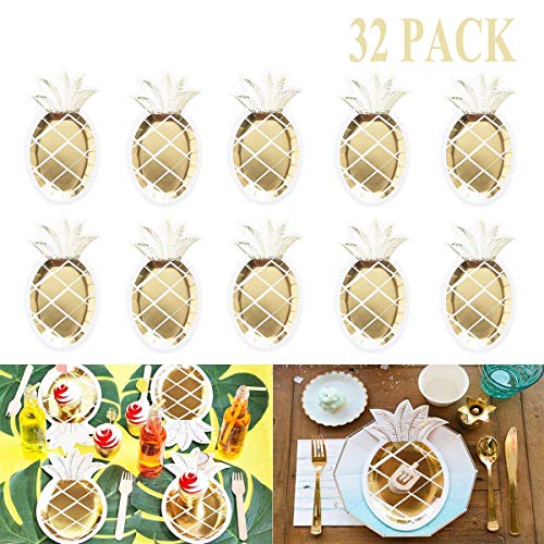 Product Cover Pineapple Paper Plates - 32 PCS Gold Foil Pineapple Paper Plates Disposable Plates Tableware Set for Luau Hawaiian Birthday Party Supplies
