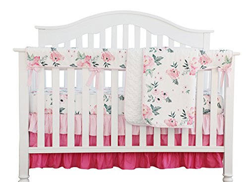 Product Cover Pink Floral Ruffle Baby Minky Blanket Water Color, Pink Floral Nursery Crib Skirt Set Baby Girl Crib Bedding (4 Pieces Set)