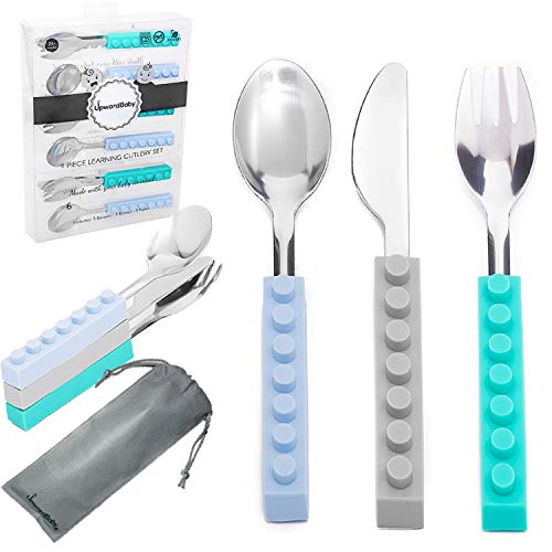 Product Cover Stainless Steel Kids and Toddler Utensil Set | UpwardBaby Original Interlocking 6 Piece Set | Quick Self Feeding Silverware Flatware with Bag Included for School Lunchbox | See Video Demonstration