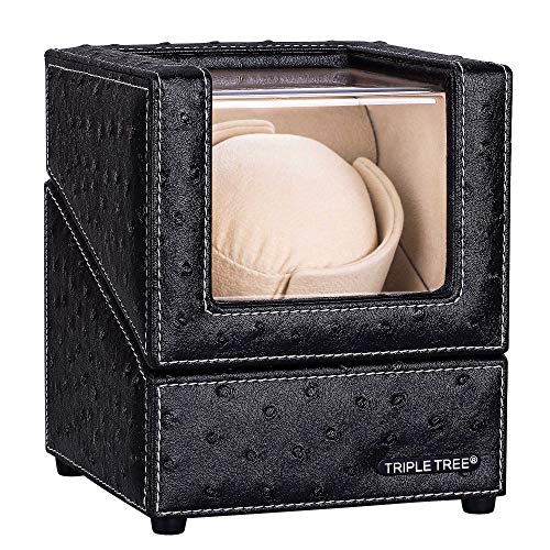 Product Cover Single Watch Winder Newly Upgraded, with Flexible Plush Pillow, in Wood Shell and Black Leather, Japanese Motor, 4 Rotation Mode Setting, Fit Lady and Man Automatic Watches