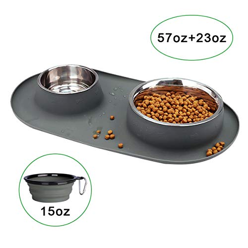 Product Cover Dog Bowls Stainless Steel, 95 oz, Collapsible Dog Bowl with No Spill Non-Skid Silicone Mat Set, Three Feeder Food Water Bowl for Small Large Dogs, Puppies, Cats and Pets, Pack of 3