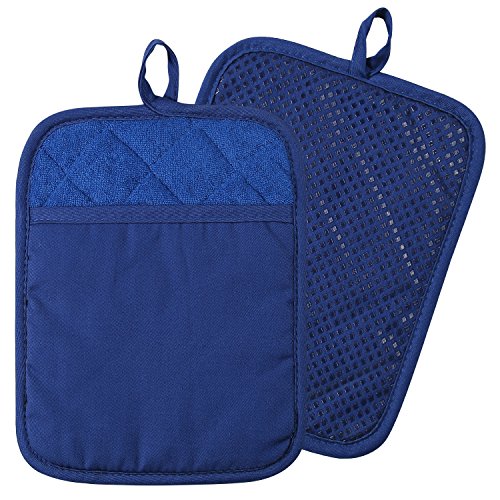 Product Cover 100% Cotton with Silicone Kitchen Everyday Basic Pot Holder Heat Resistant Coaster Potholder Oven Mitts with Pocket for Cooking and Baking Set of 2 Blue