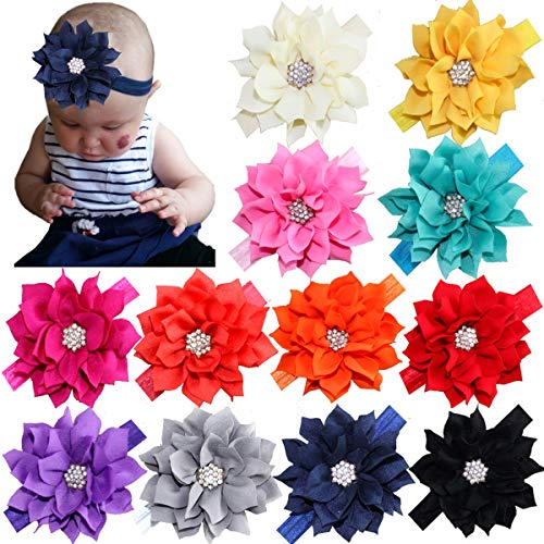 Product Cover 12Pcs Baby Headbands Flower Hairbands 3.5Inch Hair Bows with Rhinestones Hair Accessories for Baby Girls Toddlers Infant Newborns