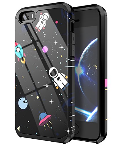 Product Cover PBRO iPhone 5 Case,iPhone 5s Case,iPhone SE/SE2 Case,Cute Astronaut Case Dual Layer Soft Silicone & Hard Back Cover PC+TPU Protective Shockproof Case for Apple iPhone 5/5s/SE/SE 2 Space/Black