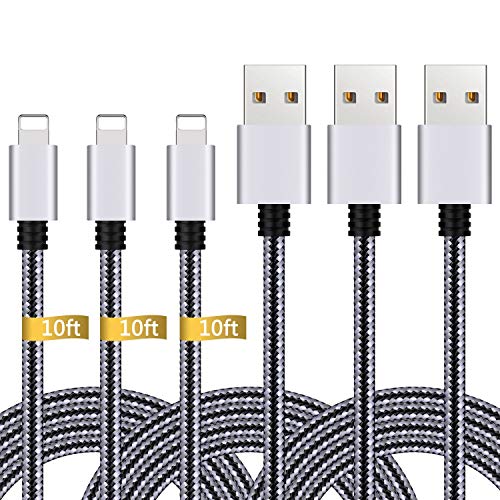 Product Cover iPhone Charger,3Pack 10FT Lightning to USB Cable Nylon Braided Charging Cord Compatible with iPhone X 8 Plus 8 7 Plus 7 6 6S 6 Plus 5S SE iPod iPad Mini Air Pro (Black Gray)