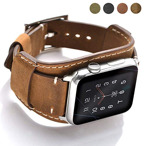 Product Cover Coobes Compatible with Apple Watch Band 44mm 42mm Men Women Genuine Leather Compatible iWatch Bracelet Wristband Strap Compatible Apple Watch Series 5/4/3/2/1 (Crazy Horse Cuff Brown, 44/42 mm)