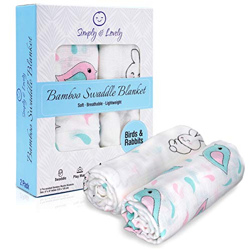 Product Cover Bamboo Muslin Swaddle Blankets for Baby Girl or Boy | 2 Pack Large 47x47 Inch | Super Soft, Smooth, Lightweight, Stretchy and Breathable | Gender Neutral | Baby Shower Gift Set | Birds and Rabbits