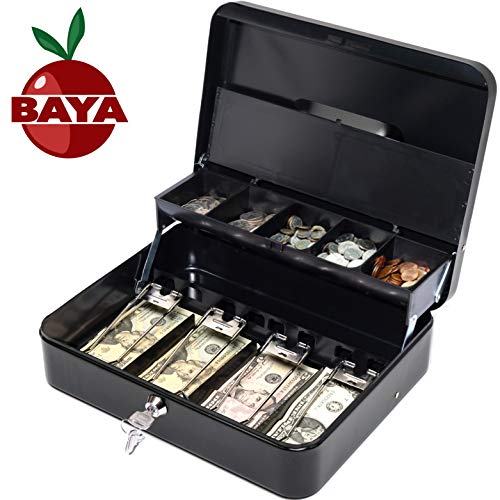 Product Cover BAYA Cash Box with Money Tray | Key Lock | Tiered Coin Tray with Lid | Steel Cash/Money Storage Safe | for Petty Cash Security | 12 x 10 x 3.5 Inches | Black
