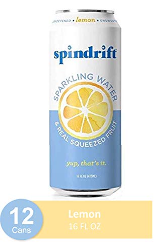 Product Cover Spindrift Sparkling Water, Lemon Flavored, Made with Real Squeezed Fruit, 16 Fluid Ounce Cans, Pack of 12 (Only 4 Calories per Seltzer Water Can)