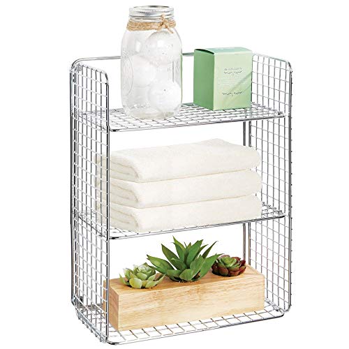Product Cover mDesign Tall Metal Wire Farmhouse Wall Decor Storage Organizer Shelf with 3 Levels for Bathroom, Entryway, Hallway, Mudroom, Bedroom, Laundry Room - Wall Mount - Chrome