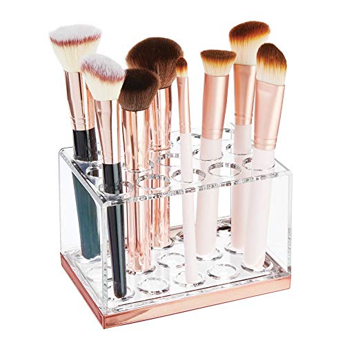 Product Cover mDesign Plastic Makeup Brush Storage Organizer with 15 Slots for Bathroom Countertop, Vanity to Hold Eye/Lip Pencils, Lip Gloss, Liners, Lipstick - Clear/Rose Gold