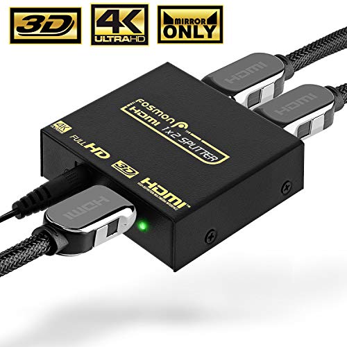Product Cover 4K HDMI Splitter 1 in 2 Out, Fosmon 1x2 HDMI 1.4 Volt Powered Splitter (4k at 30 Hertz Full UHD 1080p 3D) with AC Power Adapter for Duplicated-Mirror Dual Monitor (1 Source-2 Display Simultaneously)