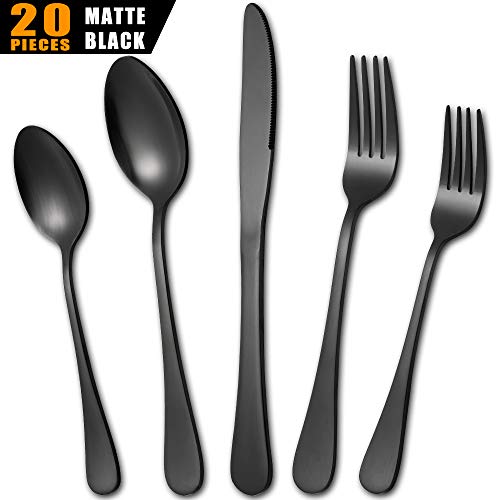 Product Cover Nice Kitchen 20-piece Flatware Cutlery Set Stainless Steel Silverware Metal Utensils Group Serves 4, Matte black(20pcs)