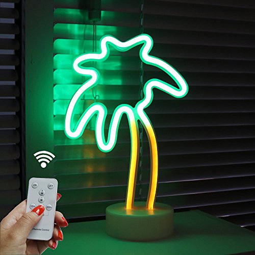 Product Cover Coconut Palm tree Neon Signs, LED Remote Control Neon Light with Holder Base for Party Supplies Girls Room Decoration Accessory for Luau Summer Party Children Kids Gifts (RC Palm with holder)