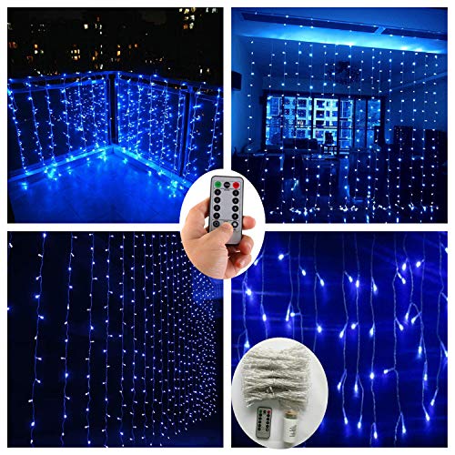 Product Cover Blue Curtain String Lights with Remote,Battery Operated,300 LED 9.8ft Icicle Window Background Fairy Lights Decoration Icicle Twinkle Lights for Weddings Party Bedroom Kitchen Living Room Patio Garden