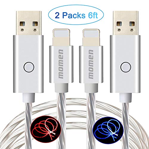 Product Cover momen iPhone Charging Cable 6ft, Compatible with iPhone 11/11 pro/11 pro max/X/8/7 Plus/7/6s/6 Plus/6, iPod, LED iPad Cable with Switch Button, Visible Flowing Light iPhone Charging Cord (2 Packs)